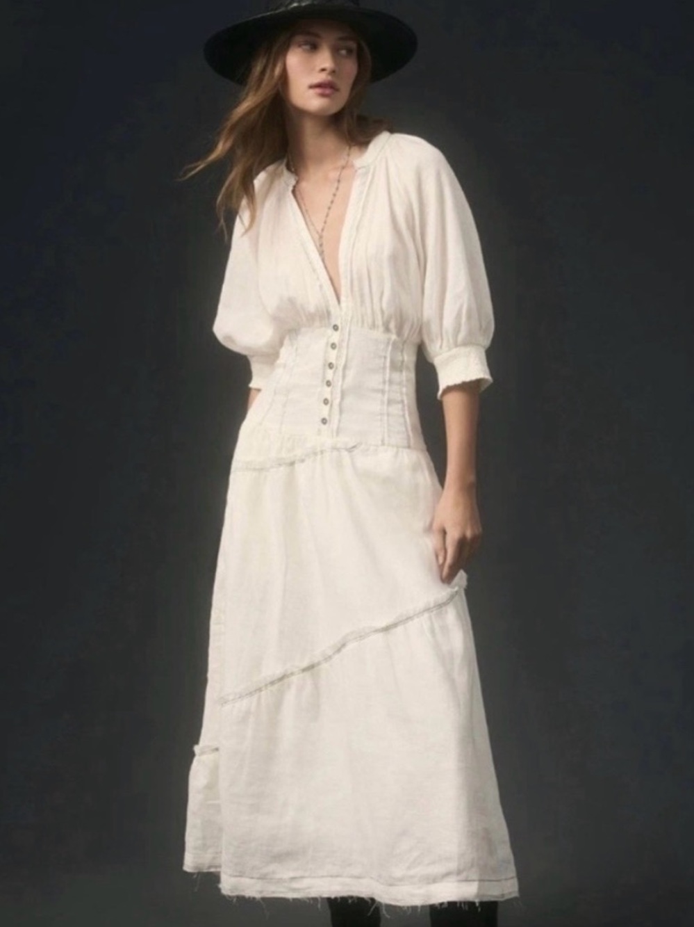 White Anthropologie Dress with Puff Sleeves, Boho, Buttoned-Down.
